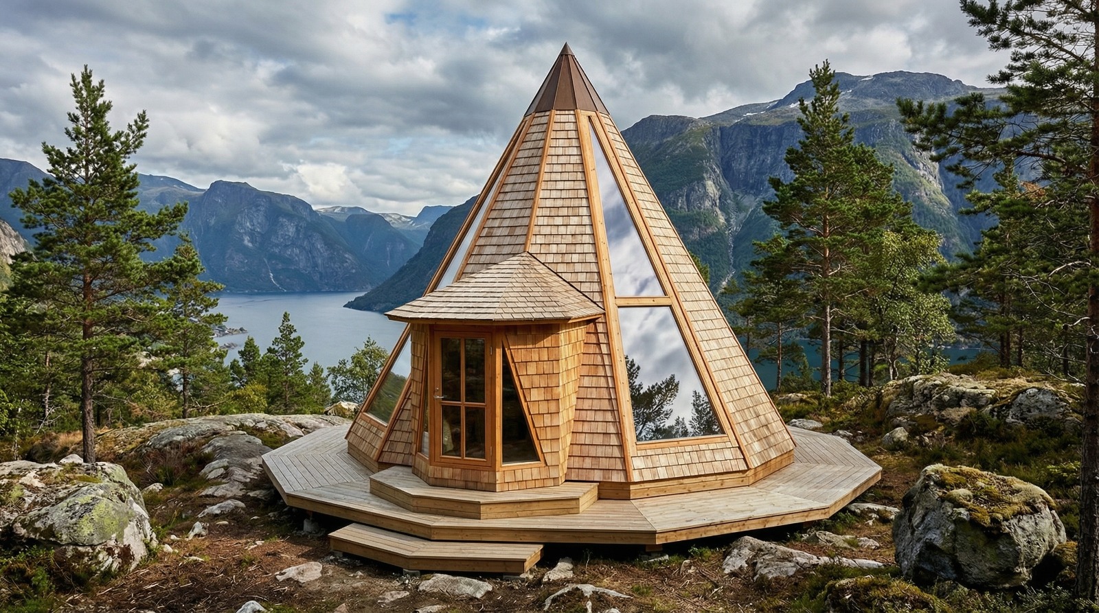 A village of Tipi Æra dodecagonal wooden homes overlooking a Nordic lake at sunset